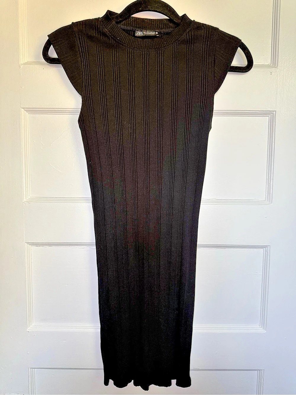 Zara Ribbed Mock Neck Cap Sleeve Bodycon Midi Dress Black Medium Like New